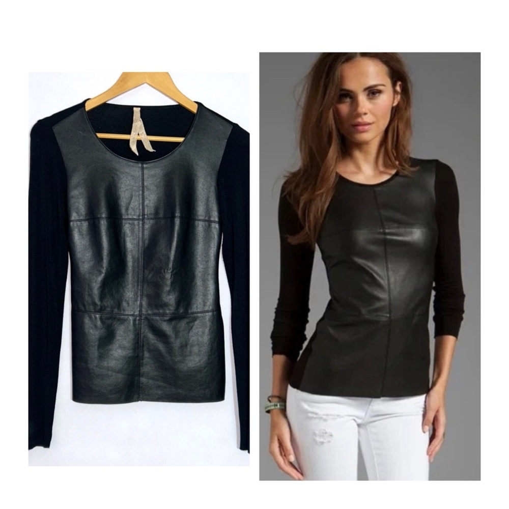 Bailey 44 Anthropologie faux black leather front Sweater Top sz S